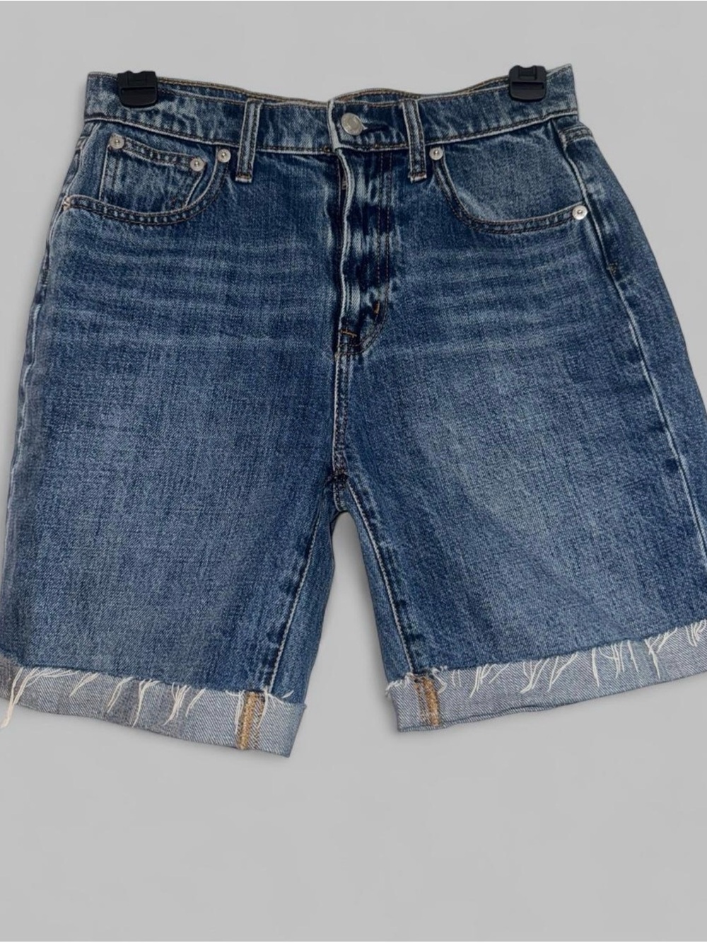 Women's Mid-Blue Denim Jean Shorts with Frayed Hem
